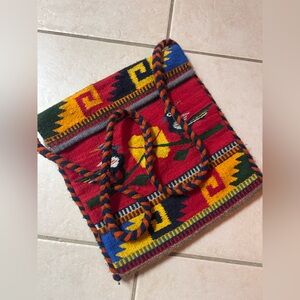 Wool Zapotec Tapestry Messenger bag, Red Wool Bird Boho Hippie Rug Mexican Bag